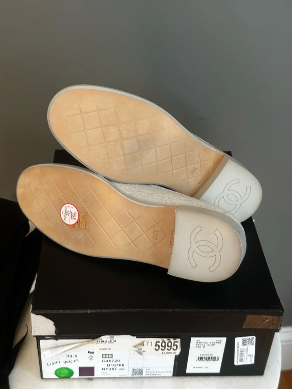 CHANEL light Denim Quilted Loafers with Gold CC Hardware